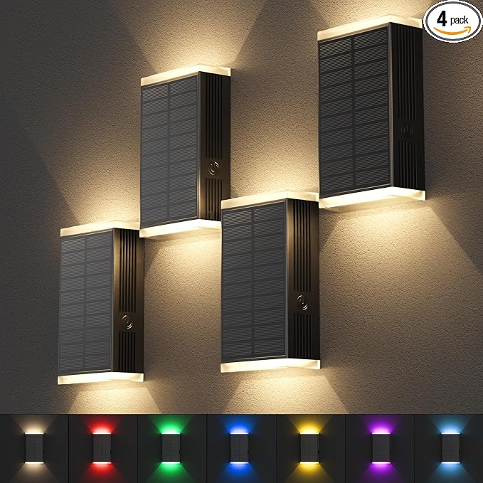 Solar Lights Outdoor,8 Lighting Modes Dusk to Dawn Lighting Wall Sconce IP67 Waterproof Up and Down Solar Wall Light Front Door Light for House, Garage, Porch,Doorway,Fence,Festival Decor (4 PACK)