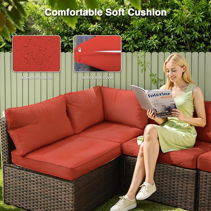 13 Piece Patio Furniture Set with Fire Pit Table All Weather PE Rattan Outdoor Sectional Sofa Couch with No-Slip Cushions for Garden, Poolside, Backyard (Red)