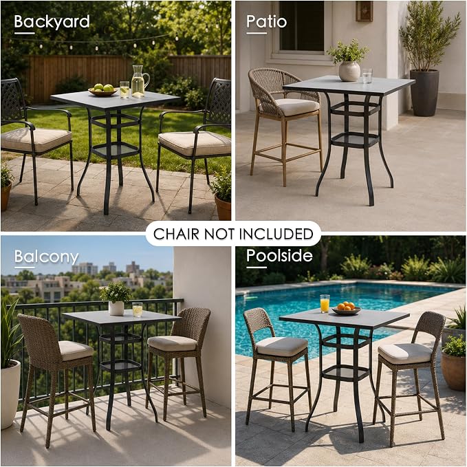 Kozyard Outdoor Bar Height Table with Realistic Marble Texture Top, 36" Square Patio Pub with 2-Tier Storage Shelves, All-Weather Metal High Top Bistro Table for Backyard, Balcony, Poolside