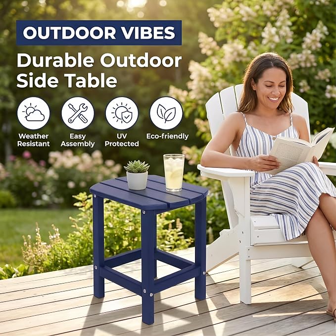 AMILY HDPE Outdoor Side Table, Weather Resistant Patio End Table, Heavy Duty Adirondack Side Table for Garden, Balcony, Poolside, Easy Assembly (Blue)