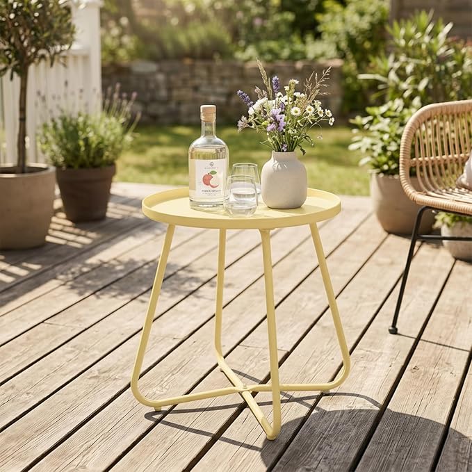 LITA Outdoor Side Table Metal Steel Weather Resistant Round End Table for Patio Balcony Living Room, Small Lightweight Weatherproof Accent Table,Yellow,Modern