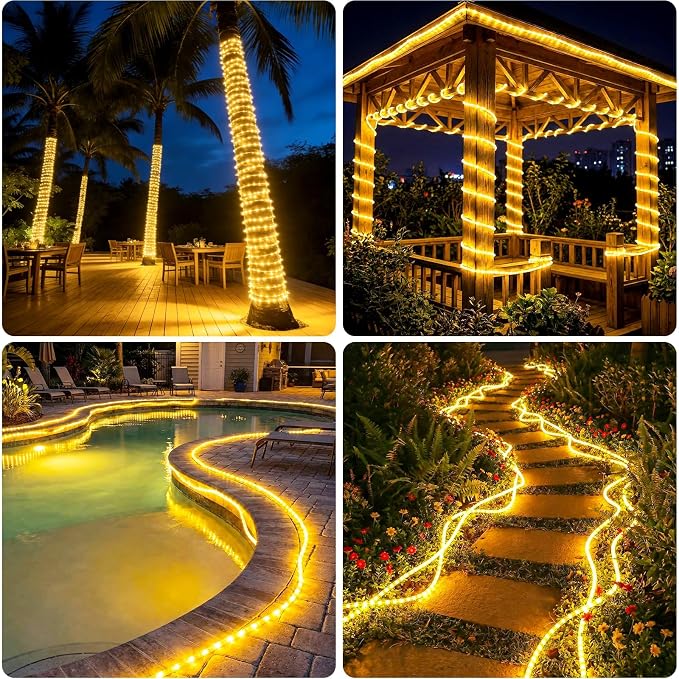 Solar Rope Lights, 2 Pack 33FT 100 LED Solar Fairy Lights with 8 Lighting Modes, IP65 Waterproof Strip Light Outdoor for Garden Yard Patio Deck Fence Tree Party Holiday Decoration, Warm White