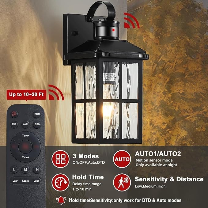 Porch Lights Outdoor with Remote, Motion Sensor Exterior Lighting Fixtures | 2 Pack Intelligent Outdoor Wall Lights, 4 Lighting Modes Outdoor Sconce Lights for House Patio Front Door Garage