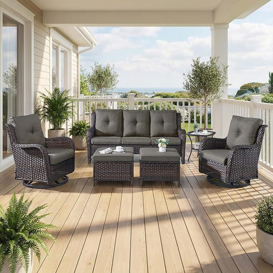 6 Piece Patio Furniture Set with Ottoman - All Weather Patio Conversation Set with 4 Inch Thick Cushions and Deep Seating Swivel Glider Chairs & Outdoor Couch for Porch Deck Yard Pool