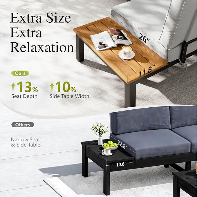 Sophia & William 3 Pieces Outdoor Patio Furniture Set, Metal Sectional Sofa Set Patio Conversation Set with Cushions-2 x Single Sofa with Side Table, 1 x Loveseat