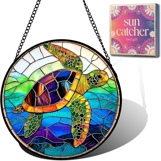 Birthday Gifts for Women - Blue Sea Turtle Faux Stained Glass Window Hanging Sun Catcher for Door Garden Acrylic Decor Mother's Day Christmas for Mom Men Nana Grandma Sisters 7.8"