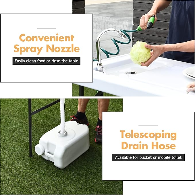ReunionG Folding Fish Cleaning Table with Sink, Portable Camping Fillet Table with Foldable Faucet, Spray Nozzle & Drainage Hose, Heavy Duty Outdoor Fish Cleaning Station for Garden, Picnic, Patio