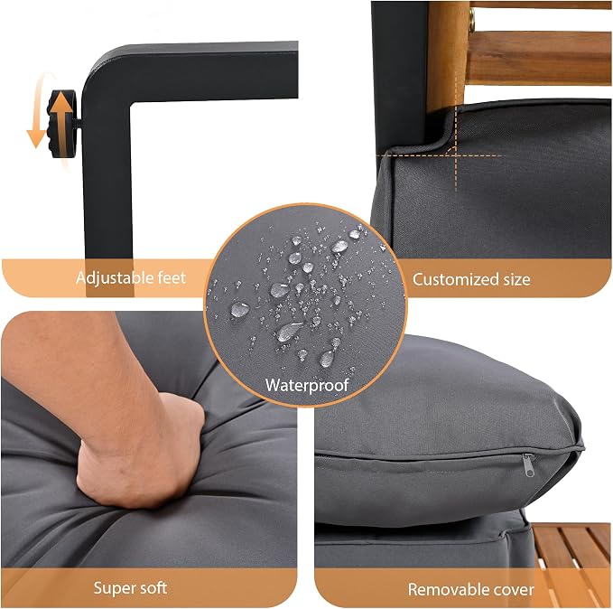 4-Pieces Outdoor Patio Sectional Sofa Set with Coffee Table, All-Weather 5 Person Conversation Set with Thick Cushions and Pillows for Garden Backyard Balcony, Acacia Wood Tabletop (Gray-N74)