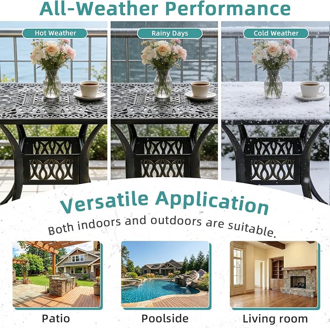 MEETWARM 35.4" Square Patio Dinning Table, Outdoor Cast Aluminum Dinning Large Table with 2.2" Umbrella Hole, Dark Bronze