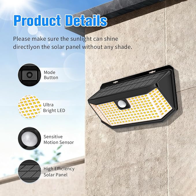 Aootek Warm White Solar Outdoor Motion Sensor Lights, 2500Lm, 15.3 in² Solar Panel, 3 Lighting Modes, IP65 Waterproof, Wide Angle,Ideal for Patio, Garden, Garage, Yard, Front Door (4-Pack)