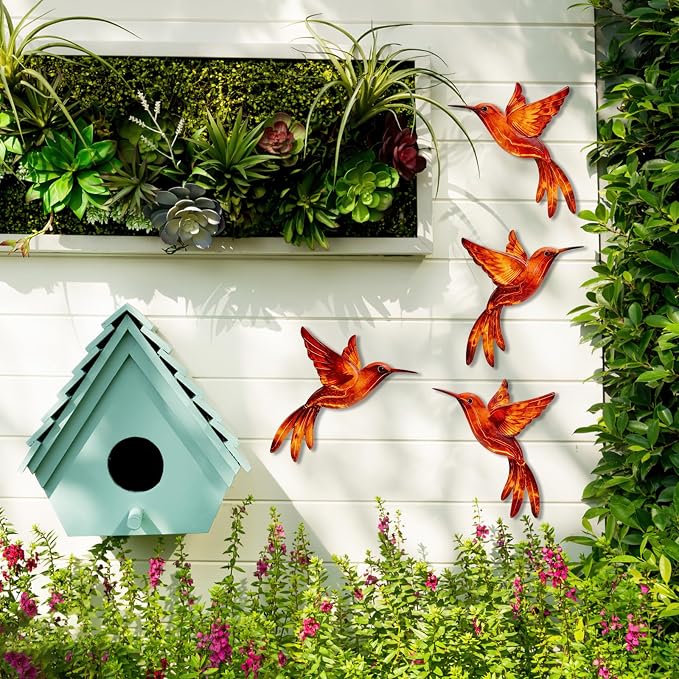 4 Pack Metal Hummingbird Wall Art Decor - 3D Colorful Birds Outdoor Wall Art,Hanging Decoration for Patio, Garden, Balcony and Fence (G)