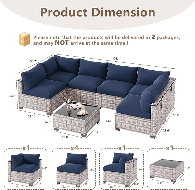 LOUVIXA 7 Piece Outdoor Patio Furniture Set, Outdoor Sectional Sofa, Wicker Rattan Patio Furniture, Patio Conversation Set with Coffee Table & Cushions