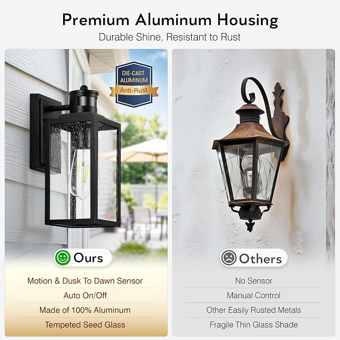VIANIS Black Motion Sensor Porch Lights Outdoor, Modern Exterior Lighting Fixtures Wall Mount for House, Anti-Rust Waterproof Outdoor Sconce Lights for Garage, Front Door with Tempered Seeded Glass