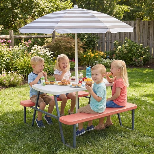 KOTEK Kids Picnic Table with Umbrella, Toddler Outdoor Table and Bench Set, Easy to Clean, HDPE Top & Metal Frame, 660LBS Capacity, Kids Patio Furniture for Backyard Park Garden