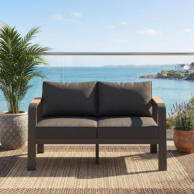Garvee Outdoor Loveseat Aluminum Patio Furniture Sofa All-Weather Metal Outdoor Couch with Cushions Modern Outdoor 2 Seats Sofa for Garden, Balcony, Deck, Backyard, Dark Grey