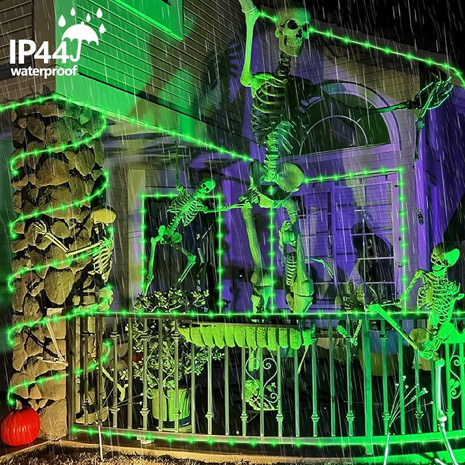 QITONG Green Solar Halloween Lights, 66ft 200 LED Solar Rope Lights Outdoor, 8 Modes Fairy Lights in Clear Thin Tube