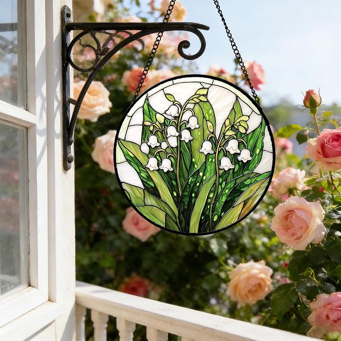 DASTOLL Stained Glass Window Hanging, Lily of the Valley Flower Sun Catchers Colorful Glass Panel Green Plants Suncatcher Decor for Birthday for Women,Men,Wife, Lovers, and Mom 14.9 in