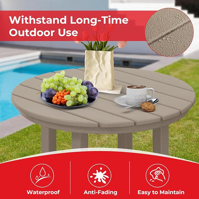 Costaelm Outdoor Bar Table, 42" Counter Height Round Patio Cocktail Bar Table, Patio Bar Table 3-Pieces Set Bistro Dining Table Pub Table forDeck, Backyard, Garden, Weathered Wood