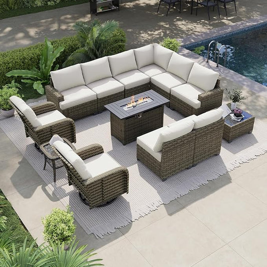 LazySunsets Luxury Patio Furniture Set with Fire Pit Table，All-Weather Patio Sectional Sofas with Thickened Cushions, 13 Piece Outdoor Furniture Sectional Set with Swivel Rocker Chairs of 2，Beige
