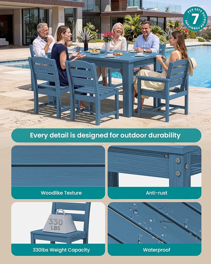 SERWALL 59" HDPE Outdoor Dining Set for 6, w/ 1 Table & 6 Chairs, Blue | Armless Patio Dining Sets for All Weather Use