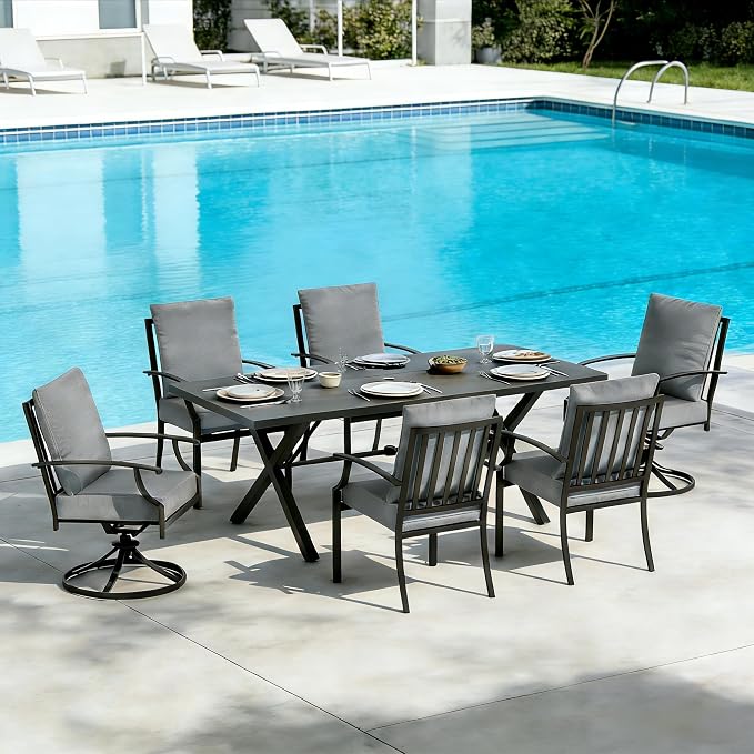 7 PCS Outdoor Patio Dining Set,Patio Table and Chairs Metal Outdoor Patio Furniture Set with Umbrella Hole,Dining Table Set with Swivel Chairs for Deck,Backyard and Garden,Grey