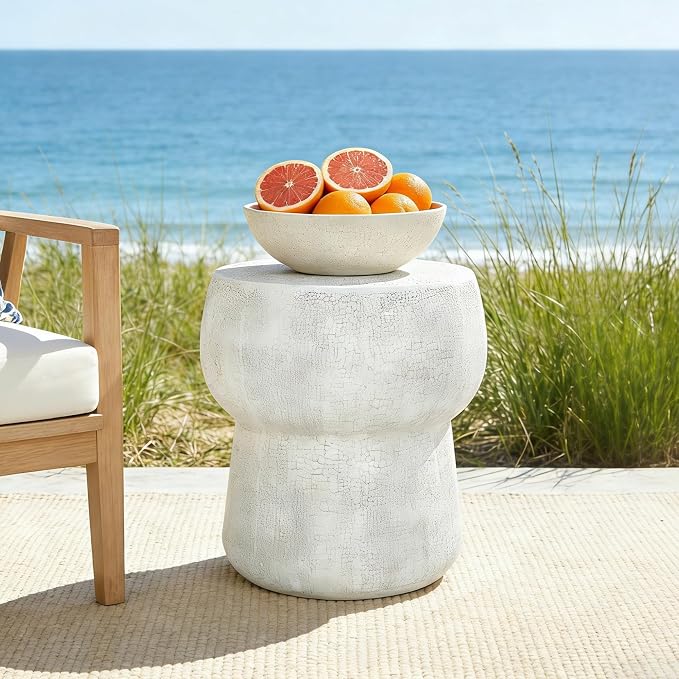 Modern Outdoor Side Table Round Concrete Side Tables with Faux Stone Crack Finish, MGO Patio End Table for Living Room Garden Balcony,Fully Assembled, Grey