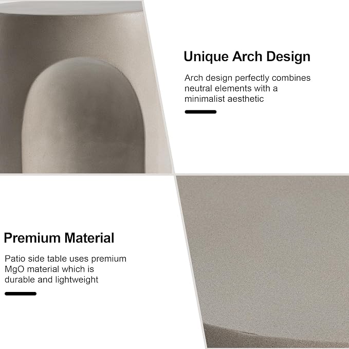 HOMPUS Outdoor Side Table w Arch Shape, Unique Concrete End Table, Round Patio Accent Table MgO Lightweight, Modern Vintage Garden Plant Stand for Indoor Use, Grey