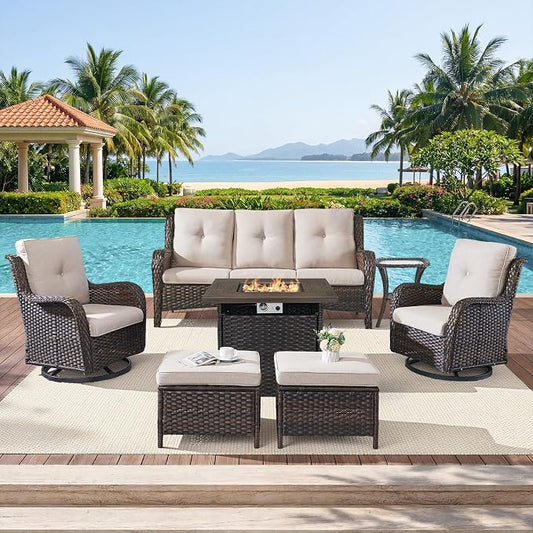 Belord Patio Furniture Set with Fire Pit Table,7 Piece Wicker Outdoor Furniture Set, Swivel Rocker Chairs with Ottomans and Sofa, All Weather Patio Conversation Set, for Pool,Yard,Brown Wicker/Beige