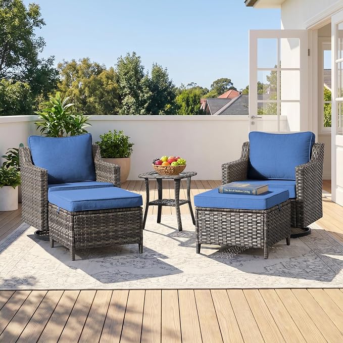 Outdoor Furniture Set of 5, Patio Furniture Set with Wicker Swivel Rocker Chairs, Ottomans and Side Table, High Back&Deep Seat for Garden Deck Porch Balcony Backyard - Blue