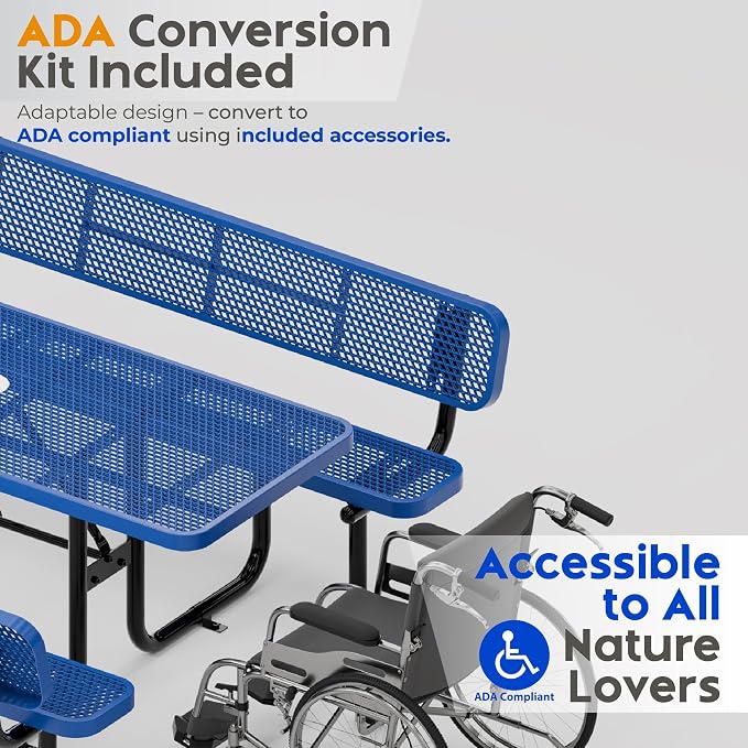 Commercial Heavy-Duty Metal Picnic Table (Blue, 8' Rectangular with Back)
