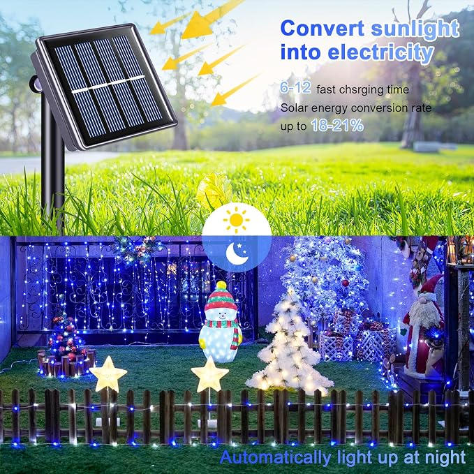 JMEXSUSS 66ft 200 LED Blue and White Solar Rope Lights for Christmas Decor | IP 65 Outdoor Waterproof Christmas Rope Lights with 8 Modes, Solar Christmas Lights for Fence Yard Walkway Christmas