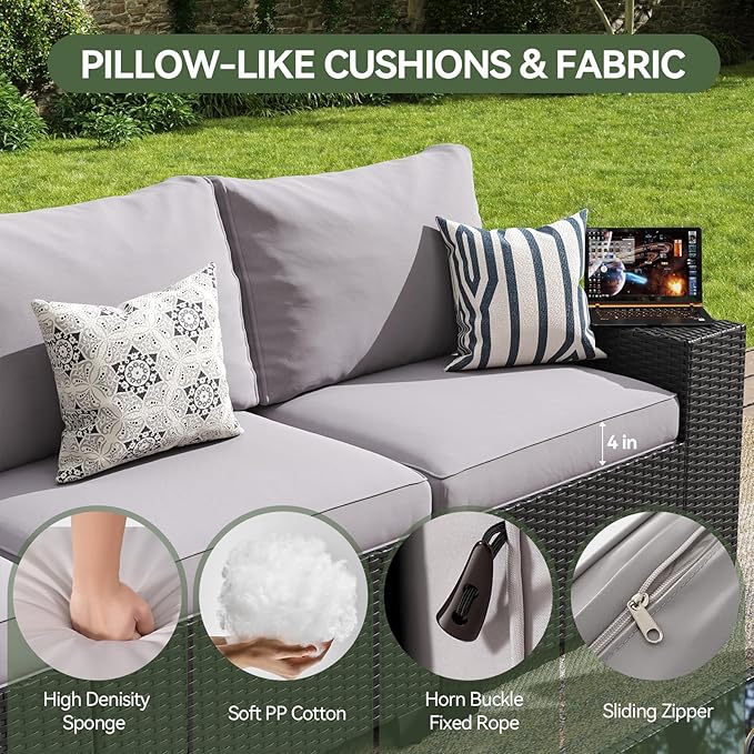 Aoxun Patio Furniture Set, 9 Pcs Outdoor Patio Furniture Sets with 4 in Thicken Cushion, Widen Armrests Wicker Outdoor Sectional for Backyard & Garden, Grey