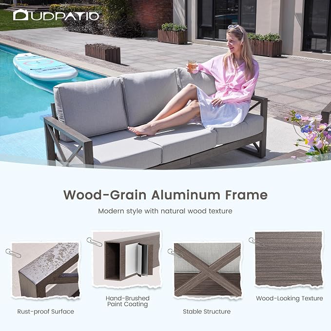 UDPATIO Aluminum Patio Furniture Set, Faux Wood Grain Modern Outdoor Furniture, 6" Cushions Metal Patio Conversation Sofa with Fire Table for Poolside Deck, 8 PCS, Beige(Include 600D Covers)
