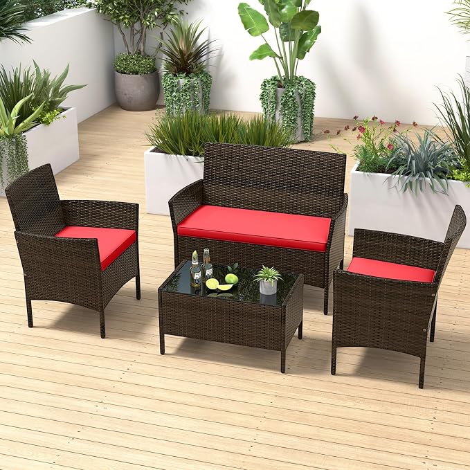 ORALNER 4 Pieces Patio Furniture Set, Rattan Chairs Loveseat with Soft Cushion and Glass Table, Outdoor Wicker Conversation Set for Balcony Garden Backyard Porch Poolside (Red)
