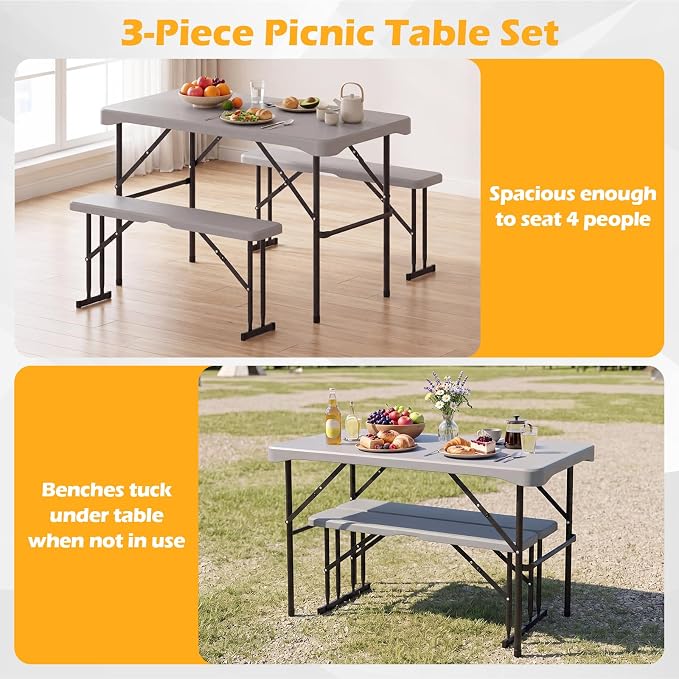 Giantex Folding Picnic Table Set w/ 2 Benches, 44" HDPE, Gray | Foldable Table & Chairs, All Weather Resistant, Space-Saving & Portable for Camping Party Dining BBQ, Large Weight Capacity