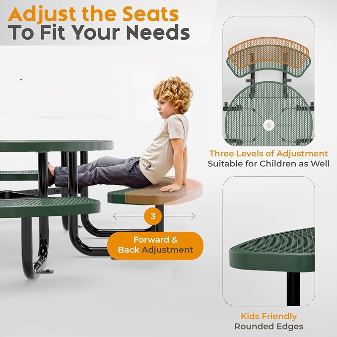 Round Metal Picnic Tables for Kids for Outdoors with Umbrella Hole, Adjustable Seats for School, Park, Playground (Green, 38 in, Kids, Expanded Steel)