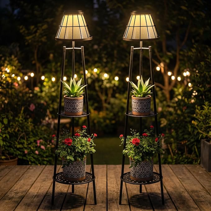 2 Pack Solar Floor Lamps Outdoor with 2-Tier Plant Stand, Metal Tall Planter Holder with Waterproof LED Lantern, Decorative Patio Light & Flower Pot Display Rack for Garden, Deck, Porch, Balcony