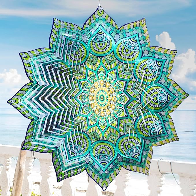 Wind Spinner Mandala Peacock Flower,12Inch Stainless Steel Wind Spinners Outdoor,Garden Decor,3D Kinetic Yard Art Decorations,Garden Gifts for Women Mother Father Men,Hanging Sculptures