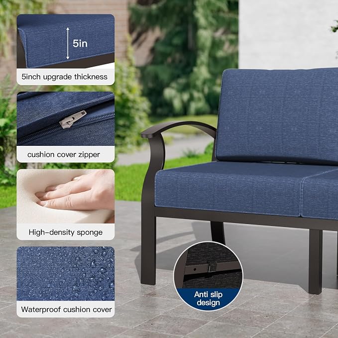 Kullavik Aluminum Patio Furniture Set,7 Piece Modern Metal Outdoor Patio Furniture w/5.1'' Thick Cushion,Swivel Chairs and 45" Propane Fire Pit Table,Patio Conversation Sets for Porch,Deck,NavyBlue