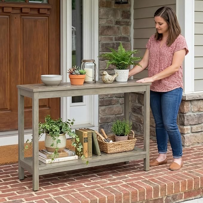 DTY Outdoor Living Eucalyptus Wood Console Table, Two-Shelf Outdoor Buffet, Driftwood Gray Weather-Resistant Finish