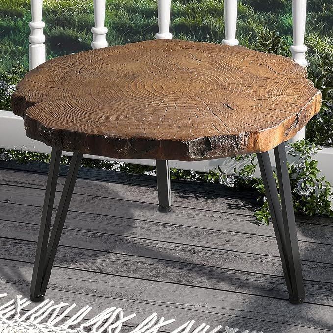 SUNBURY Outdoor Indoor Coffee Table, 31" Wooden Look Concrete Side Table, Modern Round Metal Coffee Table for Living Room, Bedroom, Garden, Backyard