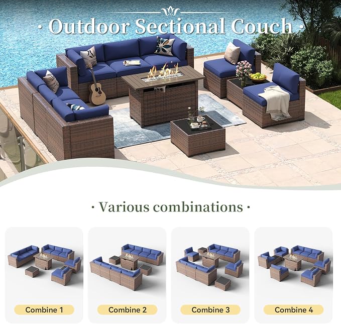 Aoxun 11 Piece Patio Furniture Set with 44” Fire Pit Table Wicker Rattan Outdoor Sectional Sofa Set with Coffee Table and 4” Thickened Cushions, Blue