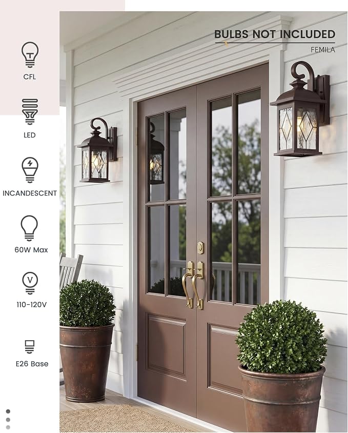 FEMILA Outdoor Wall Light Fixtures, Exterior Waterproof Wall Sconce, 15" Front Porch Lights, Anti-Rust ORB Finish with Hammered Glass, UL Listed, 4FD54B ORB-SD