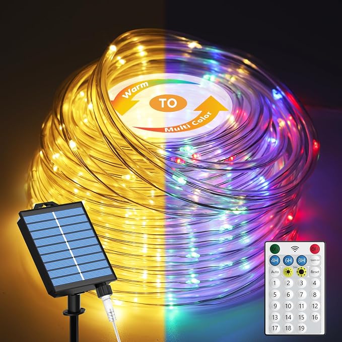 ICRGB Solar Rope Lights Outdoor, 66Ft 200LED 1800mAh Christmas String Lights with Remote, Type C, 19 Modes & Timer, IP67 Waterproof, Solar Light for Tree Patio Porch, Warm White to Multicolor | Type C & Solar, 19 Modes, Waterproof, With Remote, Timer, ...