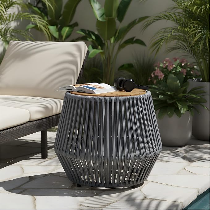 Polibi Outdoor Side Table with Handwoven Rope Base, Weather-Resistant Outdoor/Indoor Accent Table for Patio, Garden, Coastal & Bohemian Decor (Grey + Teak)