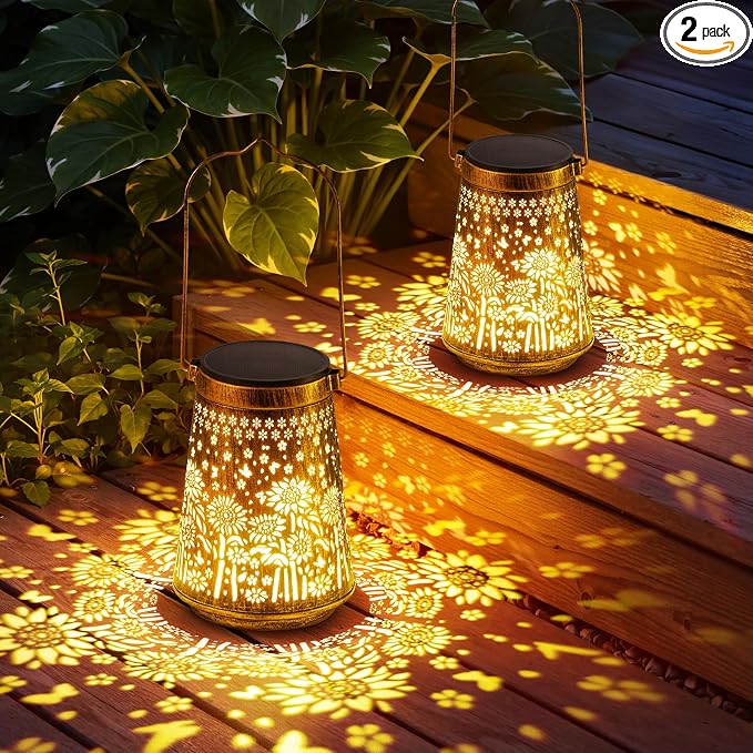 2 Pack Solar Lanterns Outdoor Waterproof, Birthday Gifts for Women Mom | Hollow-Out Metal Sunflower Lantern, 2 Lighting Modes, Outside Hanging Solar Lights for Christmas Decorations, Garden Decor