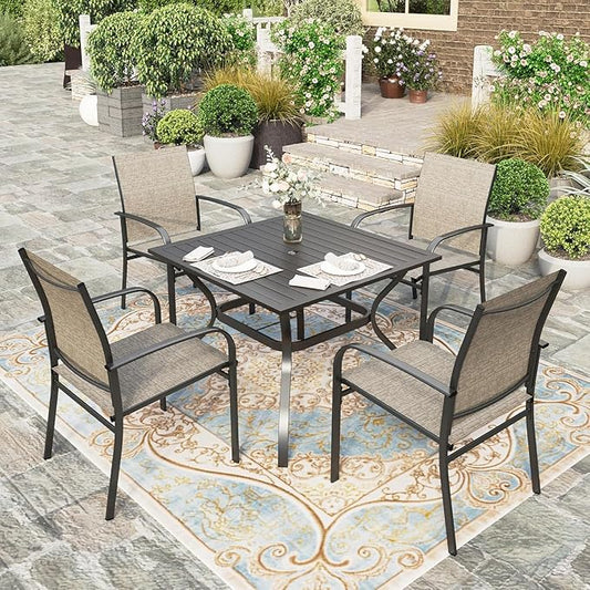 HERA'S HOUSE Patio Table and Chairs for 4, Outdoor Dining Set, Brown | 37" square metal dining table with textilene Chairs, Rust-resistant all-weather for Lawn Garden Backyard