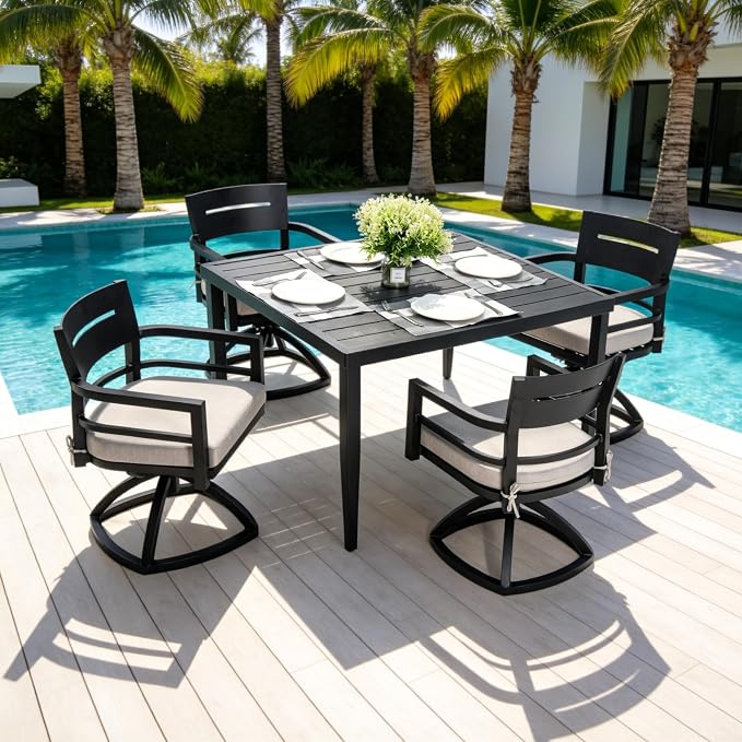 5-Piece Patio All Aluminum Furniture Set, All-Weather Resistant Outdoor Patio Set, 40" Square Dining Table with Umbrella Hole and 4 Swivel Rockers Fabric Upholstered,Ember Black