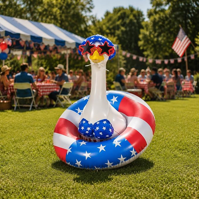 Bikini Porch Goose Outfits Fits 23" Goose Statue Summer Porch Goose Outfit | Independence Day Goose Costume, Hat & Sunglasses Included, Star-Spangled Swim Ring, US 250th Anniversary Garden Decor