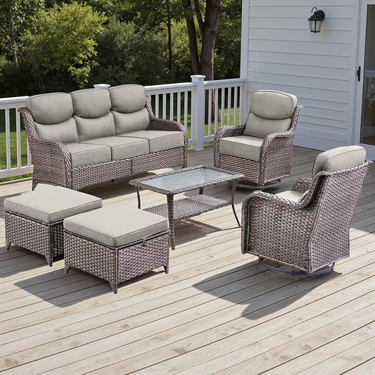 Rilyson Wicker Outdoor Patio Furniture Set - 6 Piece Patio Conversation Sets with Swivel Rocker Chairs, Ottomans, Sofa and Table, 6 inch Cushions, Deep Seating, for Porch Deck Brown/Beige